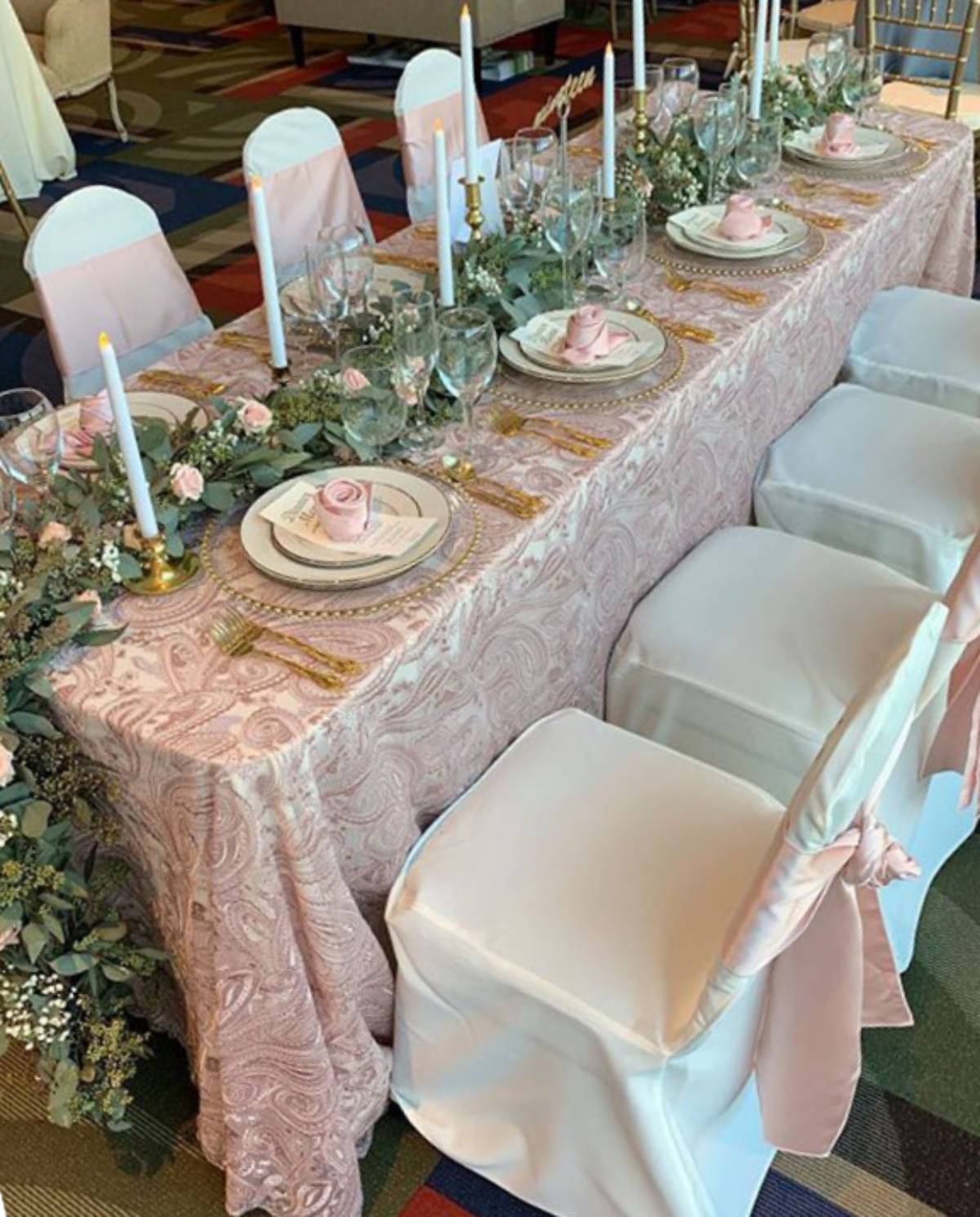90x156 Blush Paisley Lace Tablecover On Top Of A 90x156 Ivory Solid Tablecover On An 8' Table